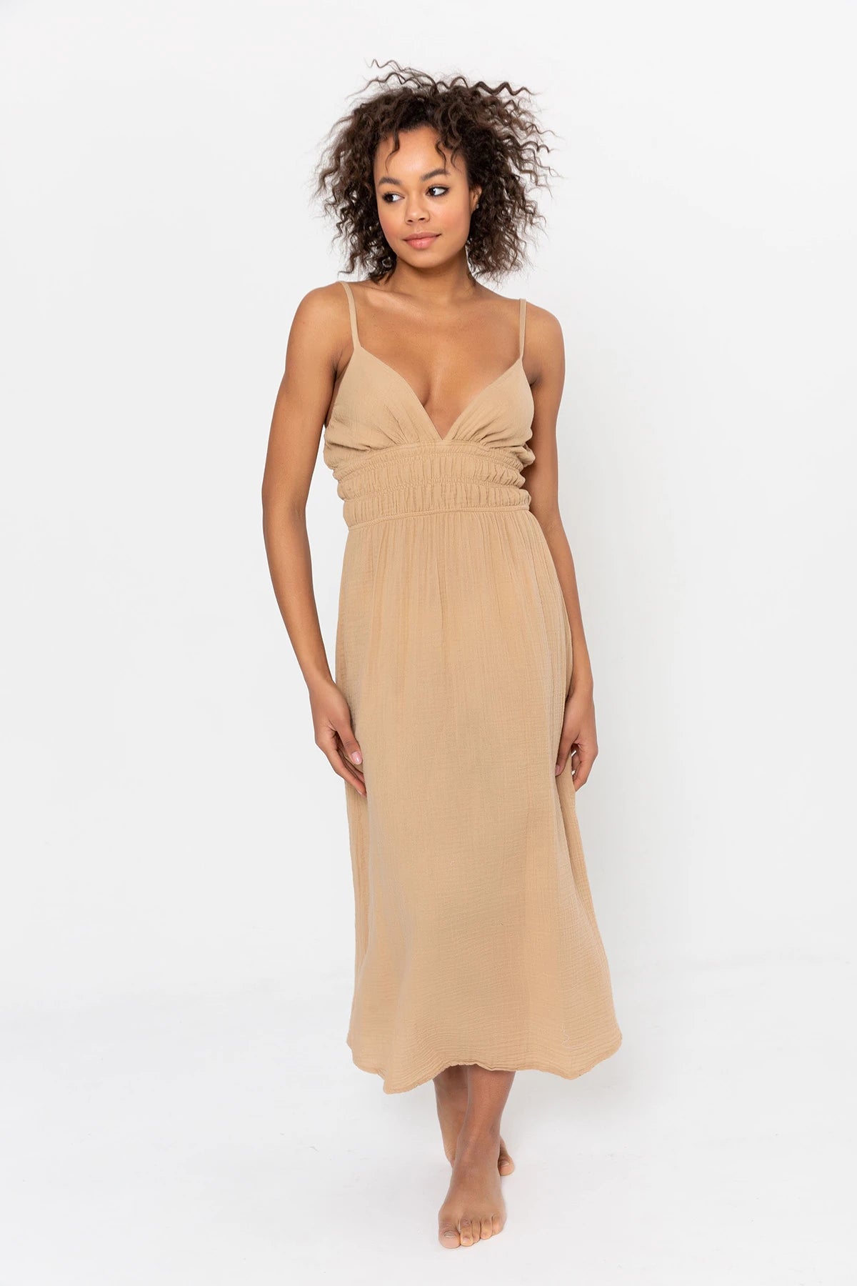 Artemisia Dress: sleeveless sand dress with square neckline, fitted waist, straight midi hem