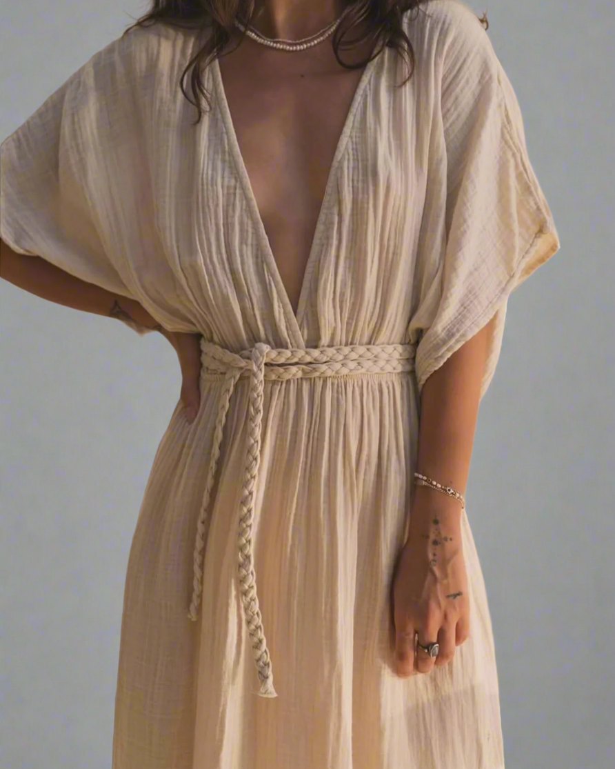 Hera Dress: white midi dress with fitted bodice, square neckline, and puff short sleeves