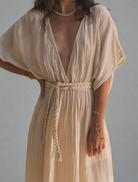 Hera Dress: white midi dress with fitted bodice, square neckline, and puff short sleeves