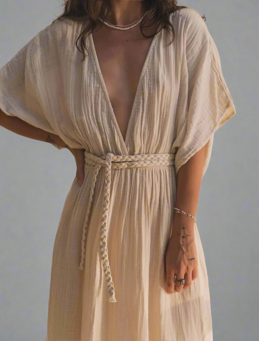 Hera Dress: white midi dress with fitted bodice, square neckline, and puff short sleeves