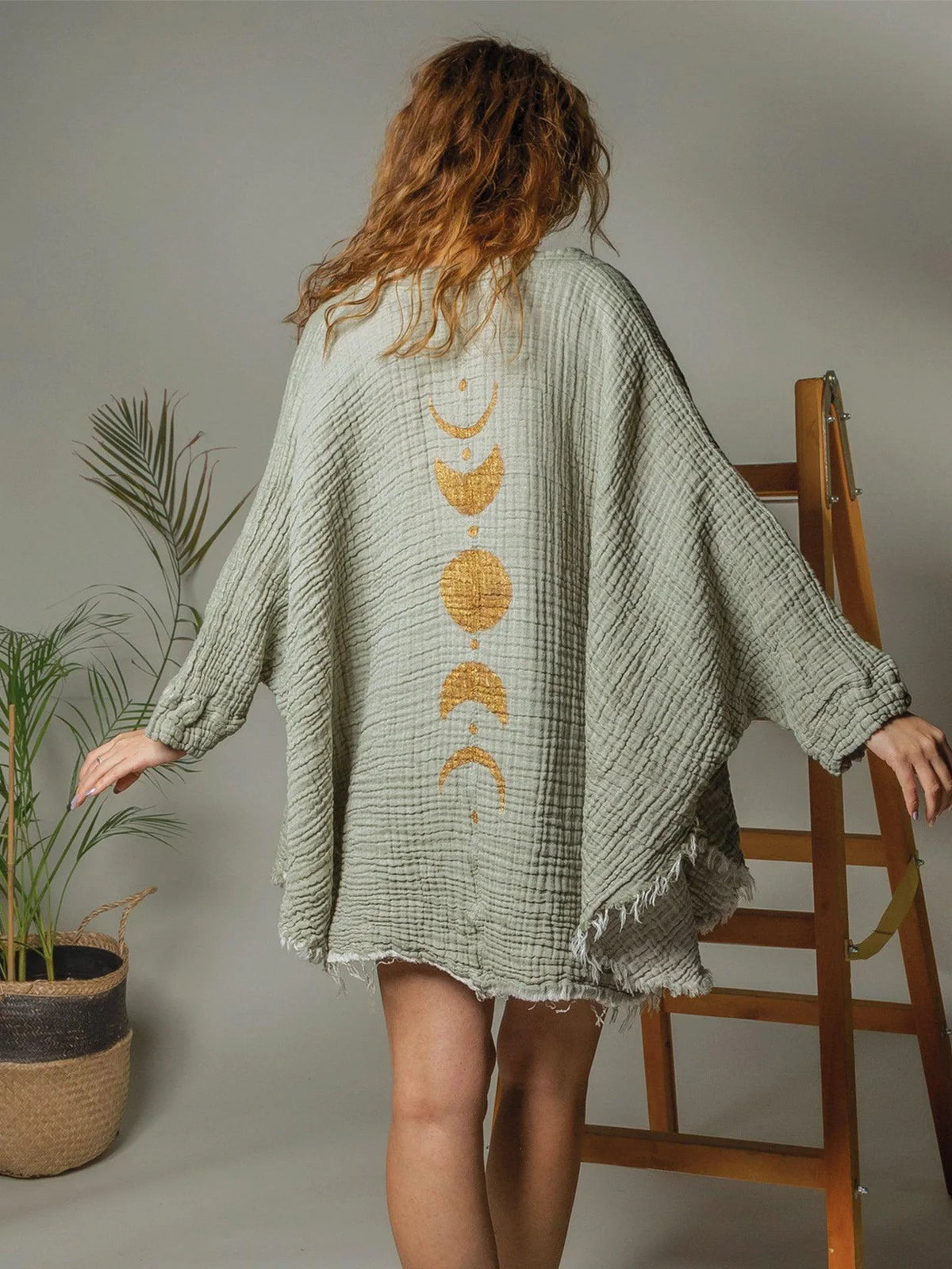 Hand painted moon kimono: loose fit, knee-length, open front, wide sleeves, light gray with abstract patterns