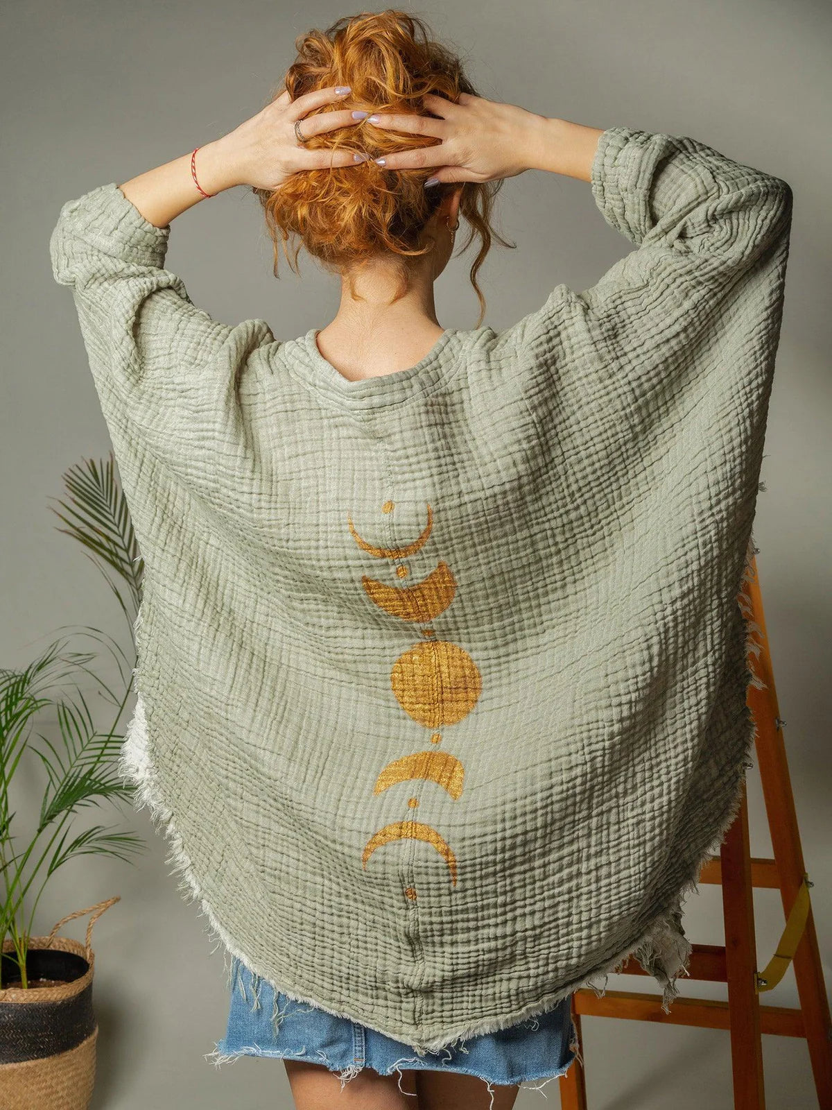 Hand painted moon kimono: loose fit, mid-length, open front, wide sleeves, indigo with white moon motifs