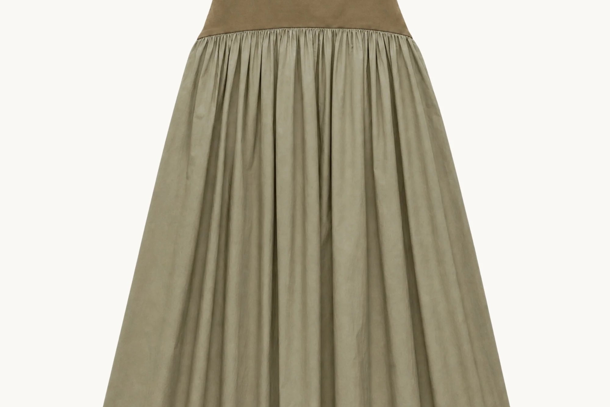 Sage green maxi skirt laid flat, featuring a darker olive suede-texture fitted waistband contrasting a deeply gathered, lightweight flowing skirt panel in muted khaki-green tones.