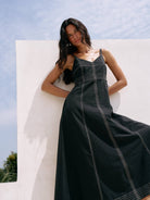 Eva Maxi Dress: sleeveless black dress with fitted bodice, V-neckline, and flared ankle-length skirt