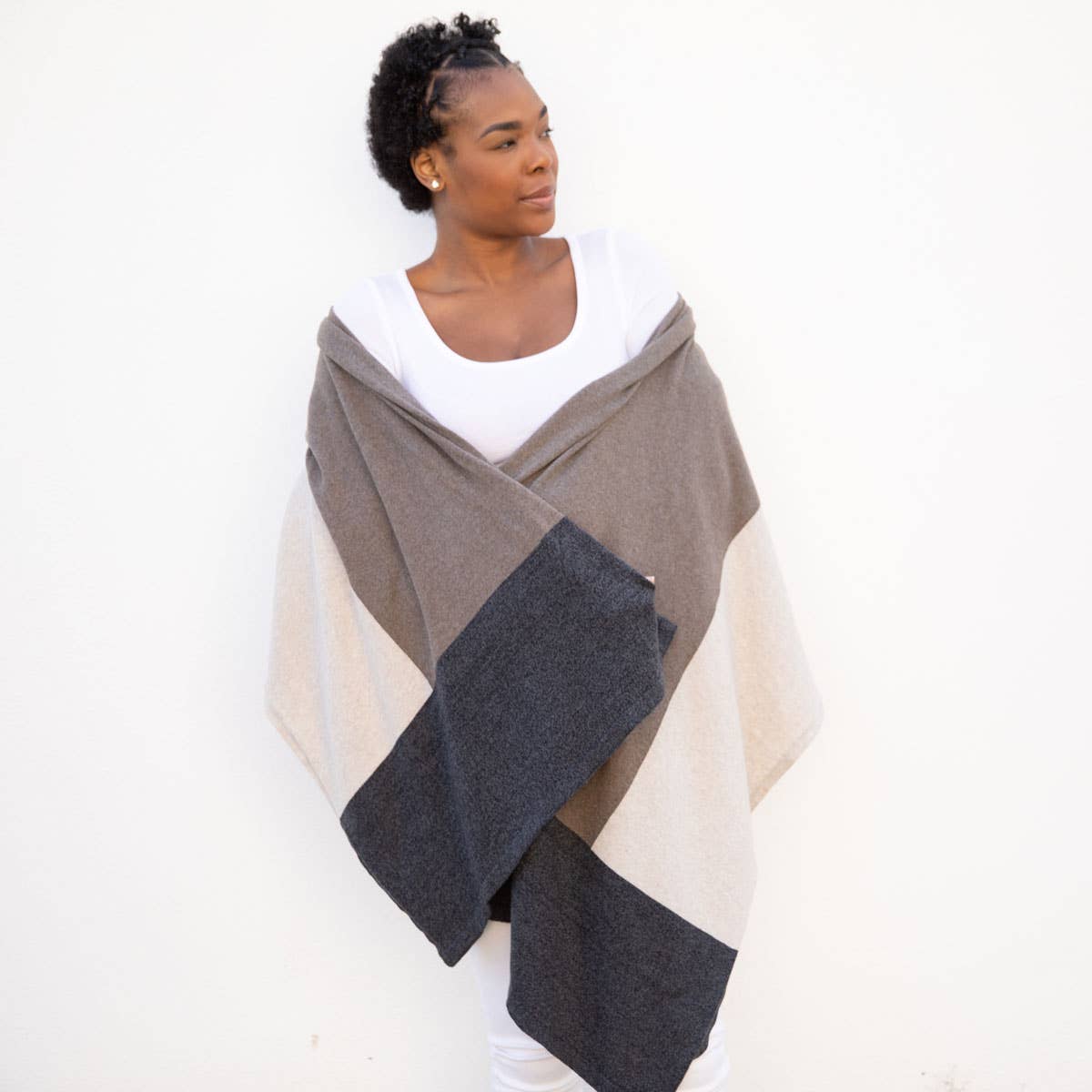 Dreamsoft Organic Cotton Travel Scarf Brownstone Colorblock: rectangular shawl with brown and beige colorblocks, soft drape