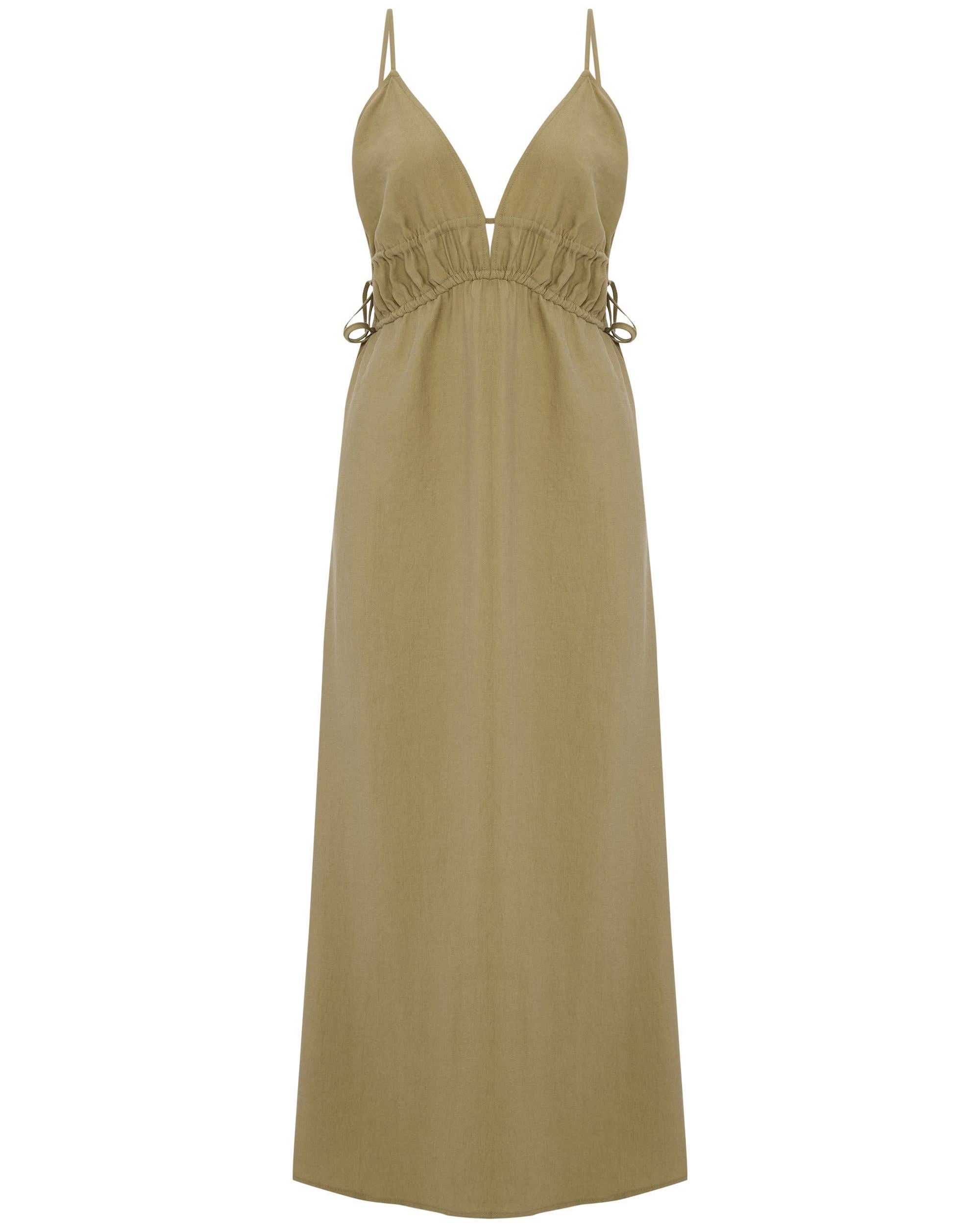 Sofia Ties Maxi Dress: sleeveless beige dress with square neckline, tie straps, and straight maxi length