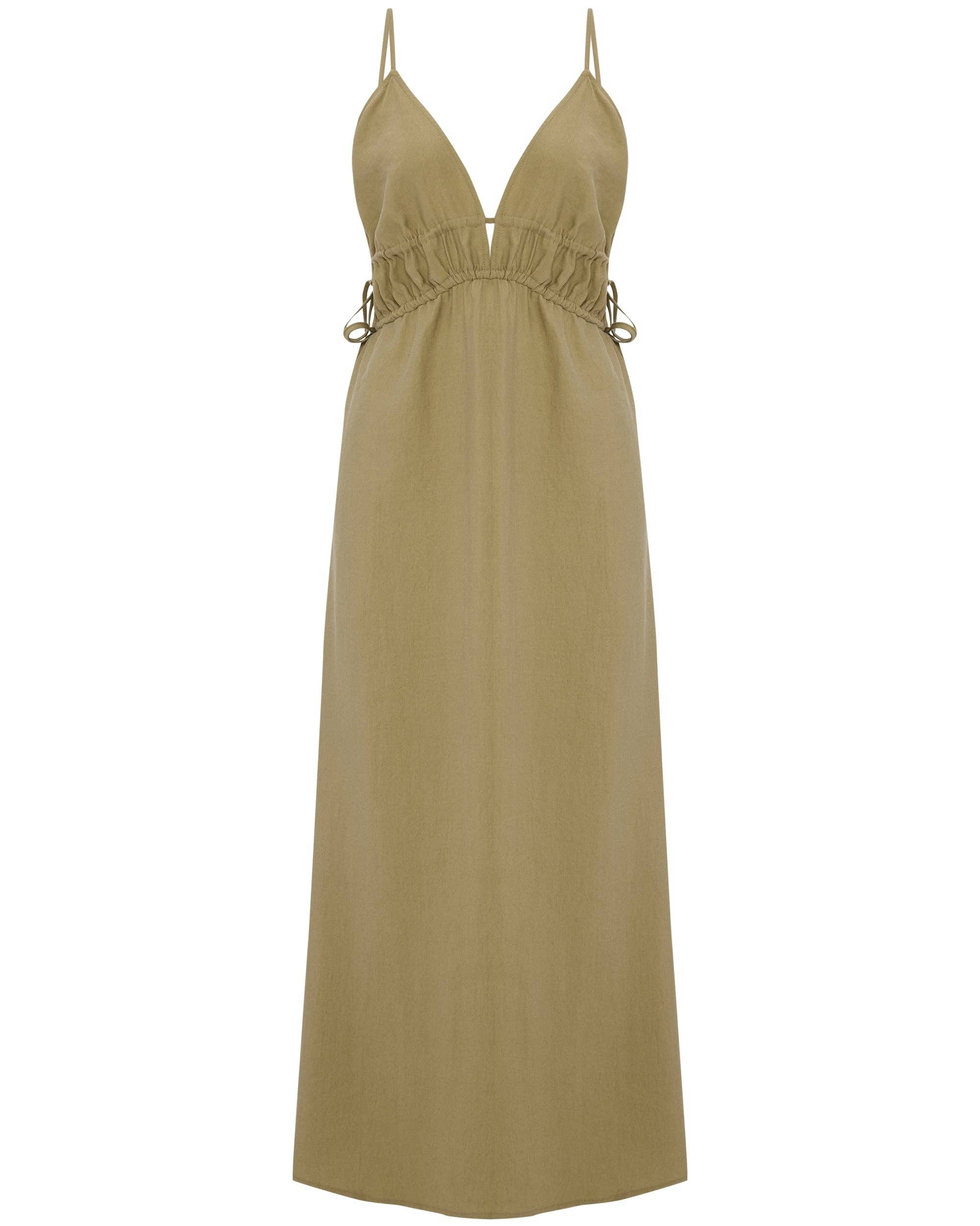 Sofia Ties Maxi Dress: sleeveless beige dress with square neckline, tie straps, and straight maxi length
