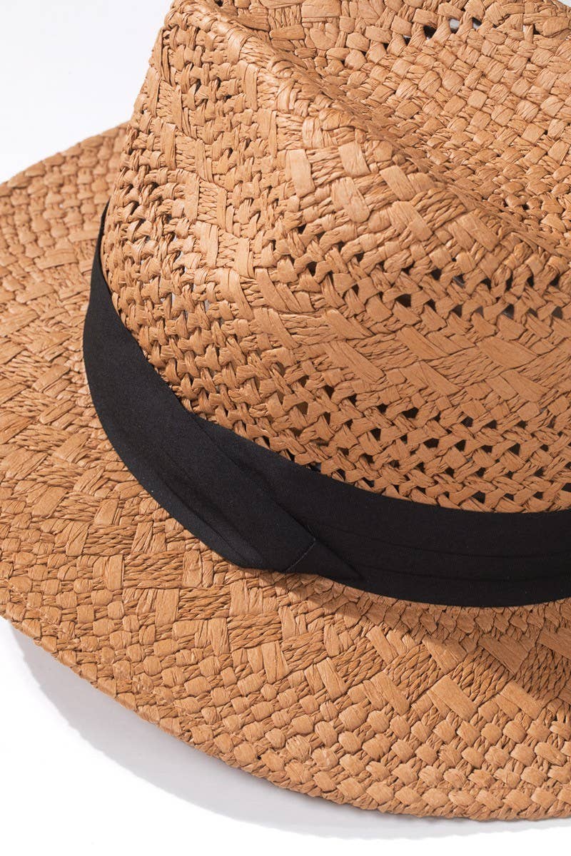 Boho Chic Summer Panama Hat: natural beige wide-brim with black band and classic pinched crown shape