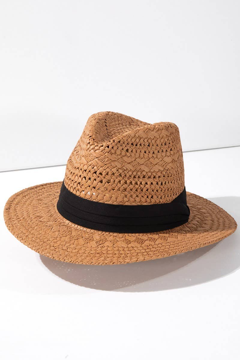 Boho Chic Summer Panama Hat: natural beige, classic fedora shape, black grosgrain ribbon band