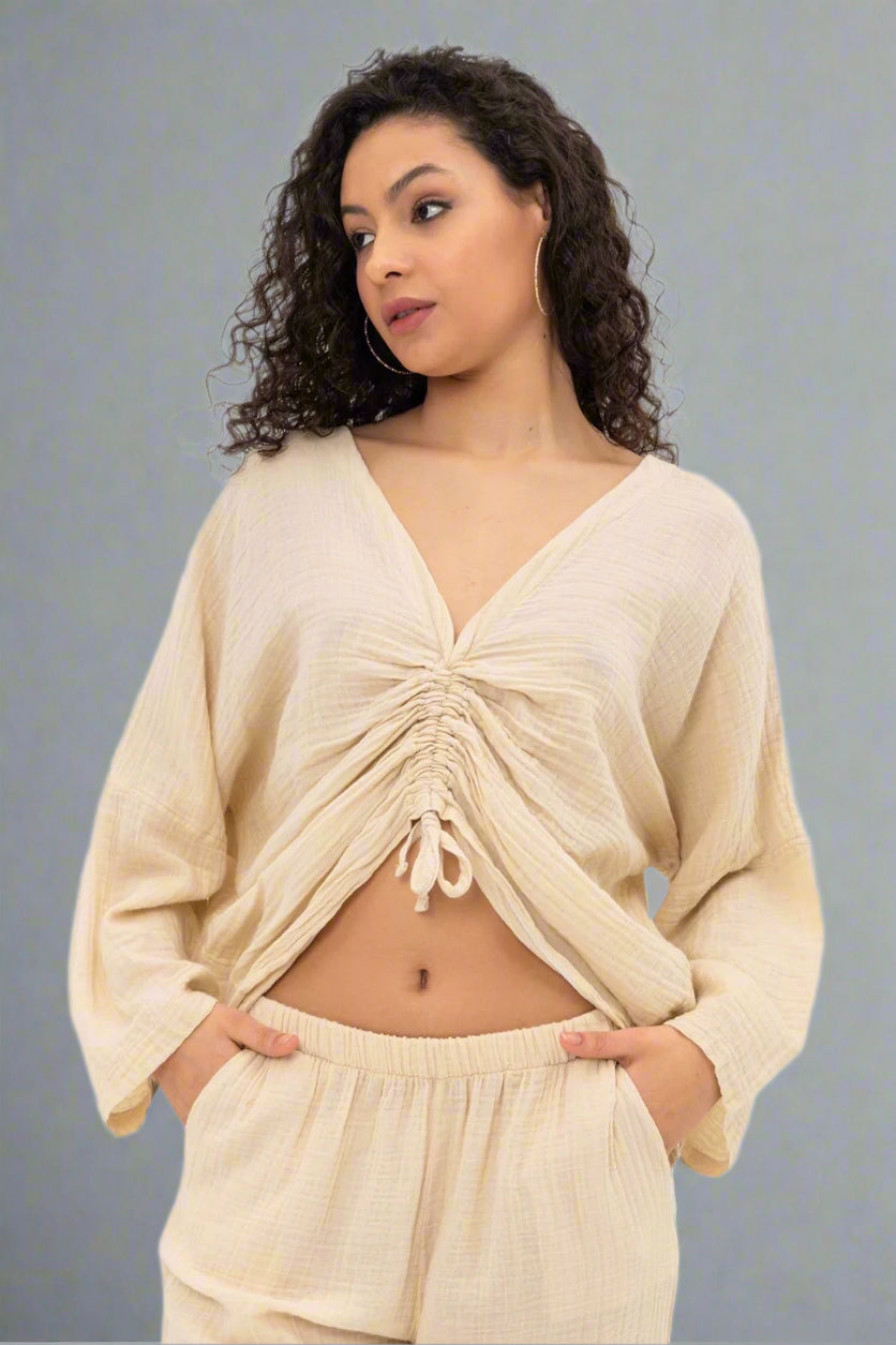 Camille Blouse: white short-sleeve blouse with square neckline and fitted waist