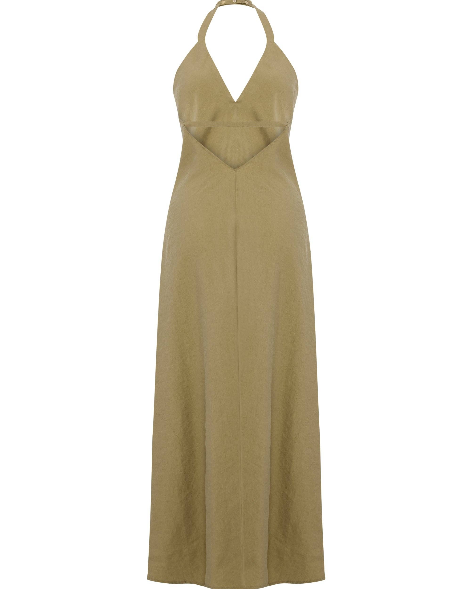 Zoe Maxi Dress - Khaki Green: sleeveless maxi dress with square neckline and straight, relaxed fit