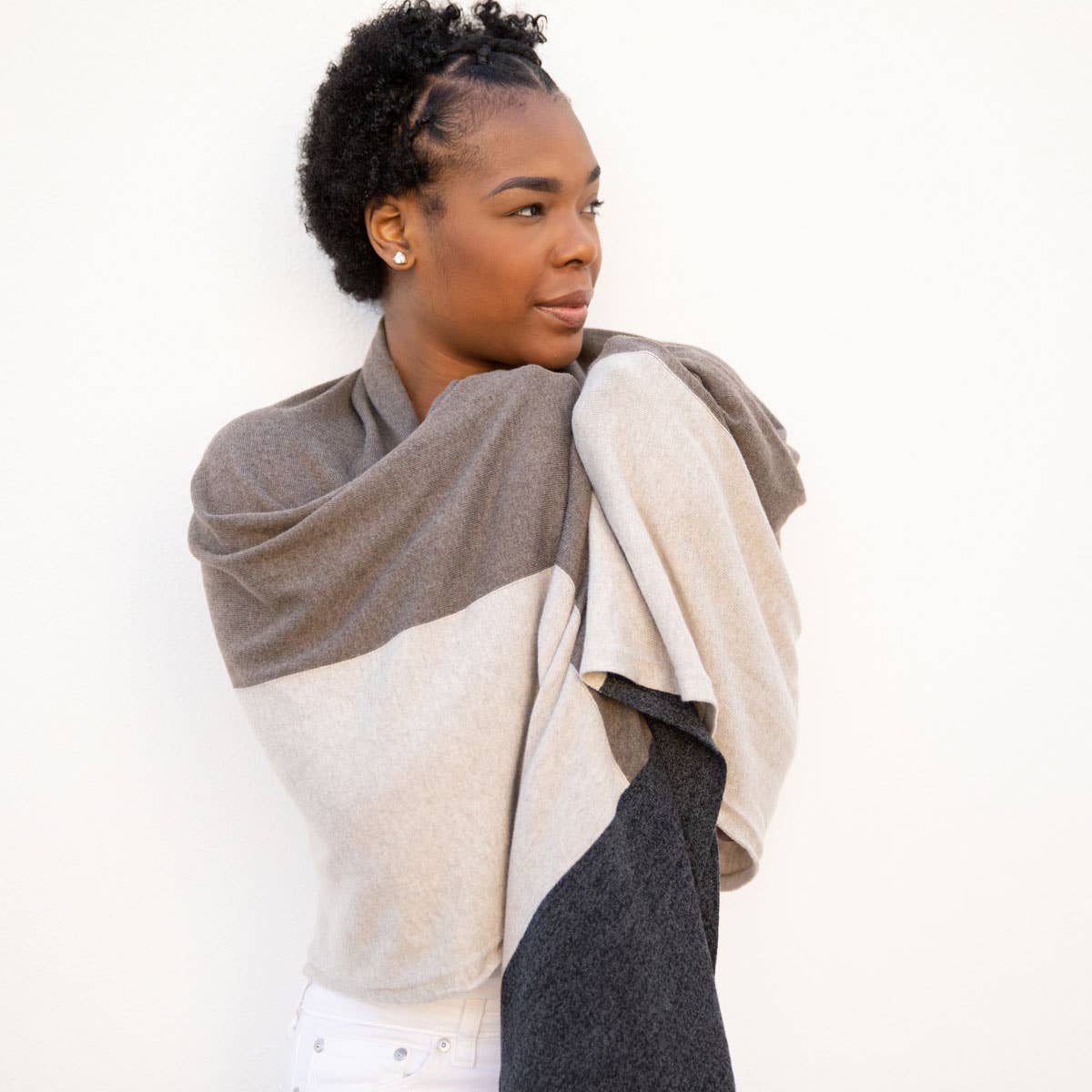 Dreamsoft Organic Cotton Travel Scarf Brownstone Colorblock: rectangular shawl with gradient brown and beige colorblock pattern, soft drape