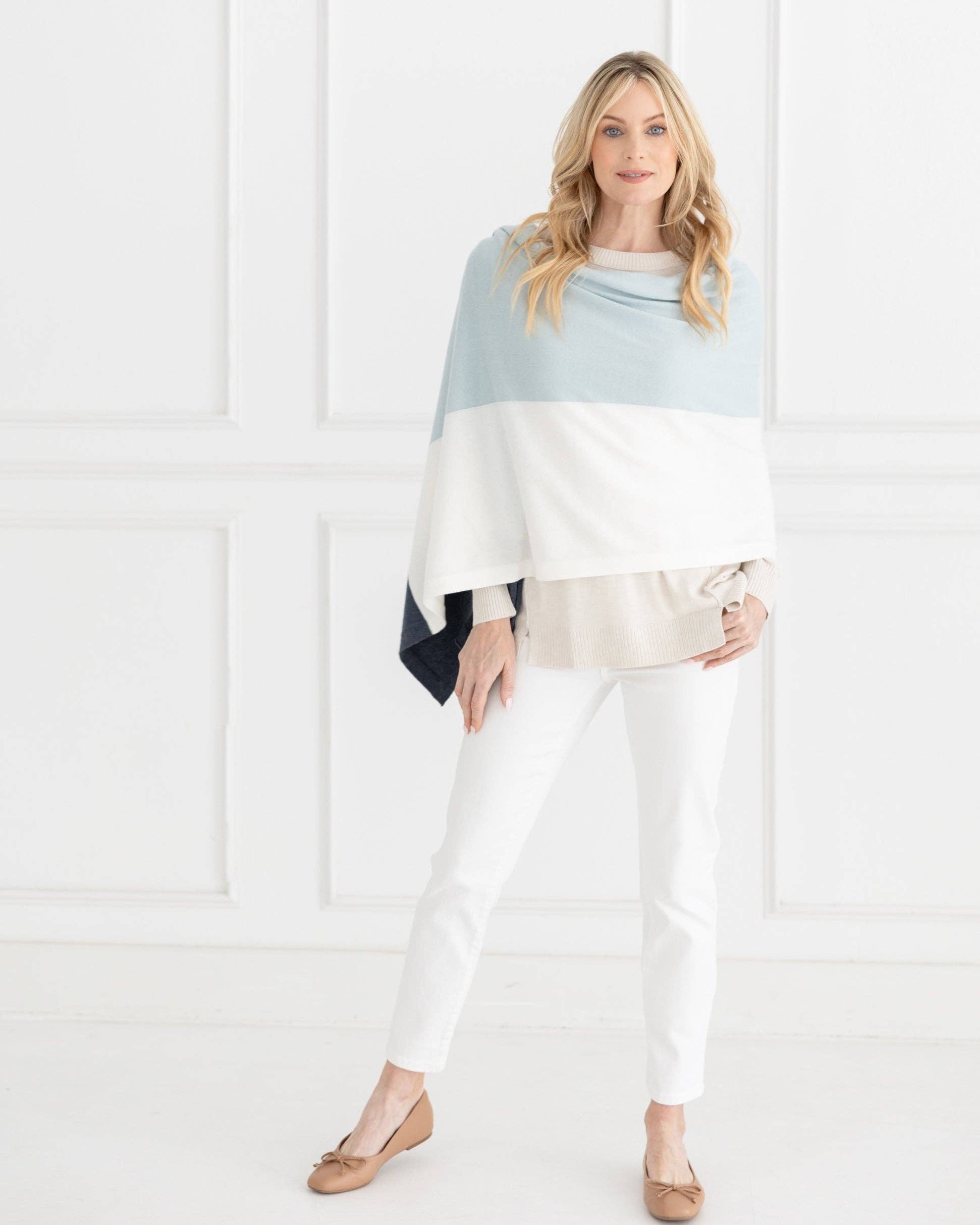 The Dreamsoft Travel Scarf - Sky Blue Colorblock: rectangular shawl with soft folds, colorblocked in sky blue and cream edges