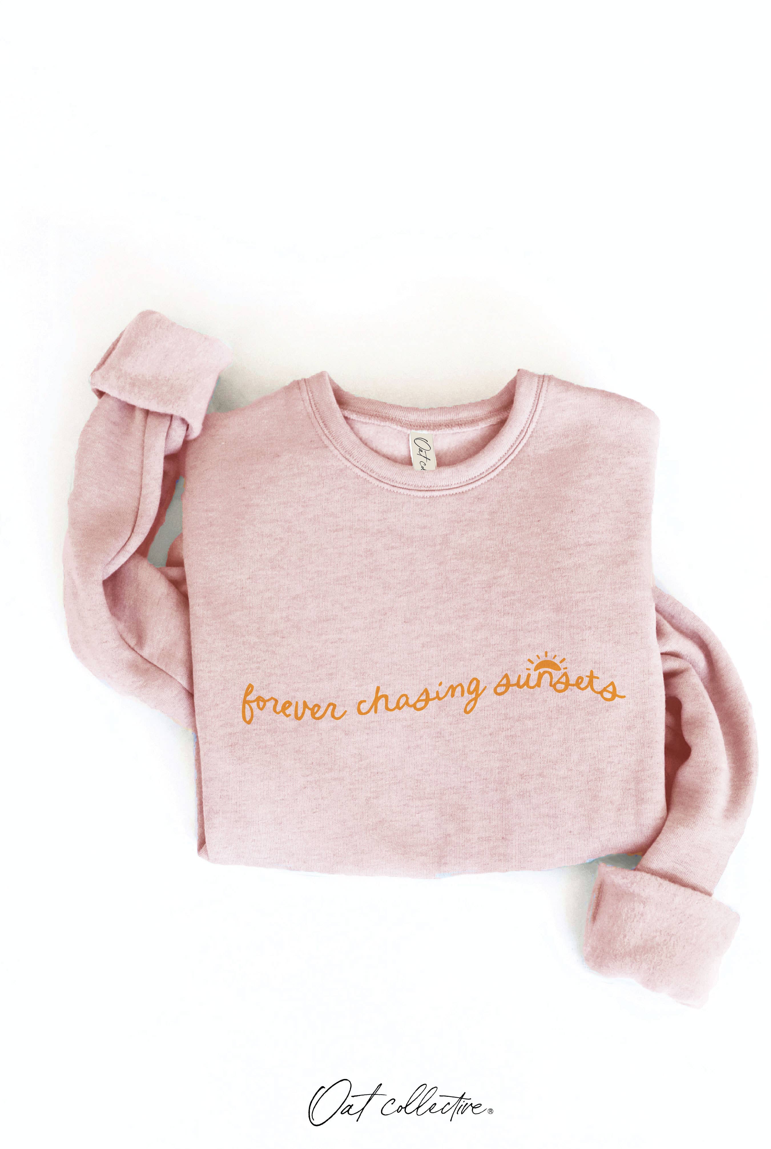 FOREVER CHASING SUNSETS Graphic Sweatshirt: oversized fit, long sleeves, crew neckline, ribbed cuffs, ribbed hem, beige color