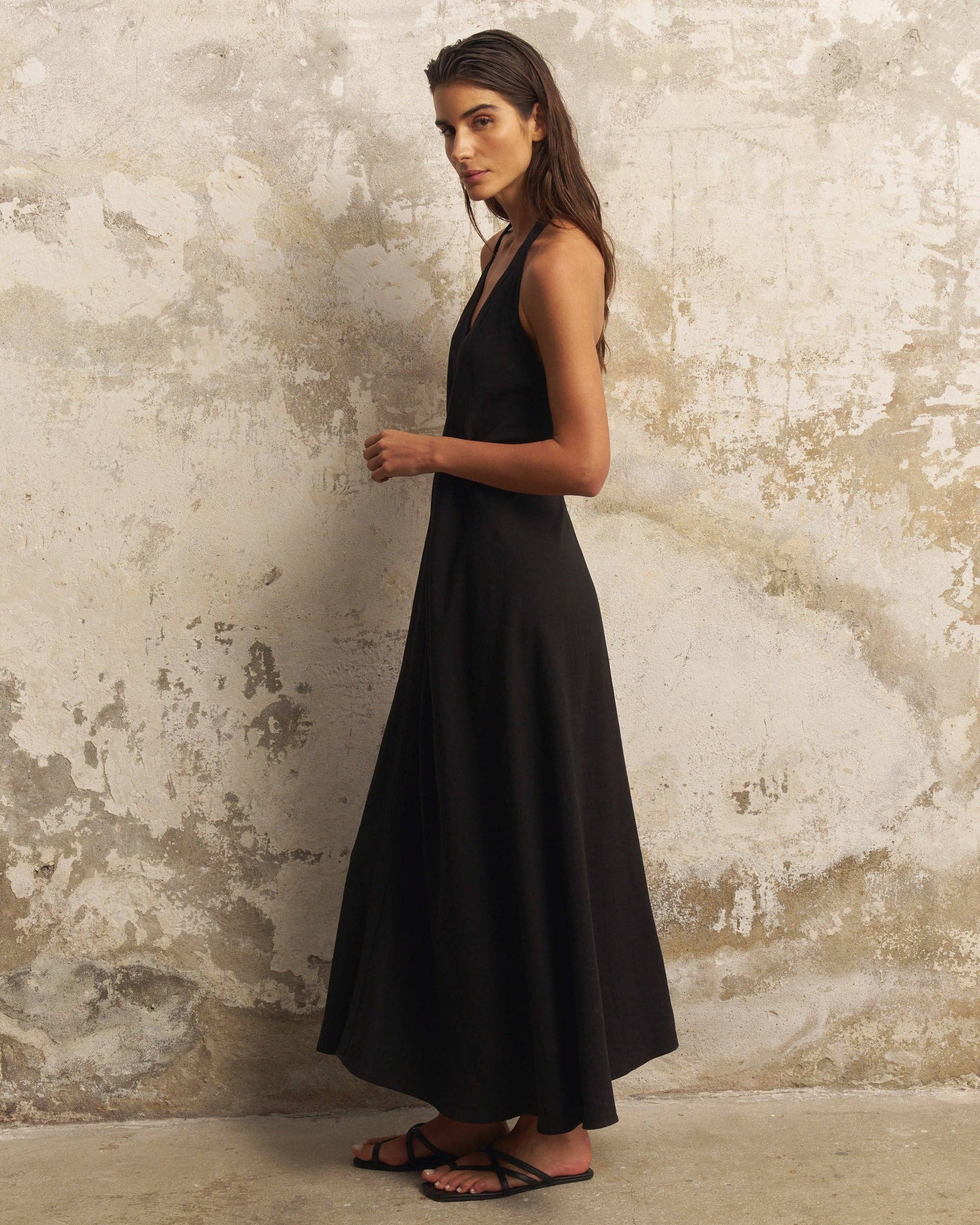 Zoe Maxi Dress: sleeveless beige dress with straight neckline, relaxed fit, and ankle-length hem