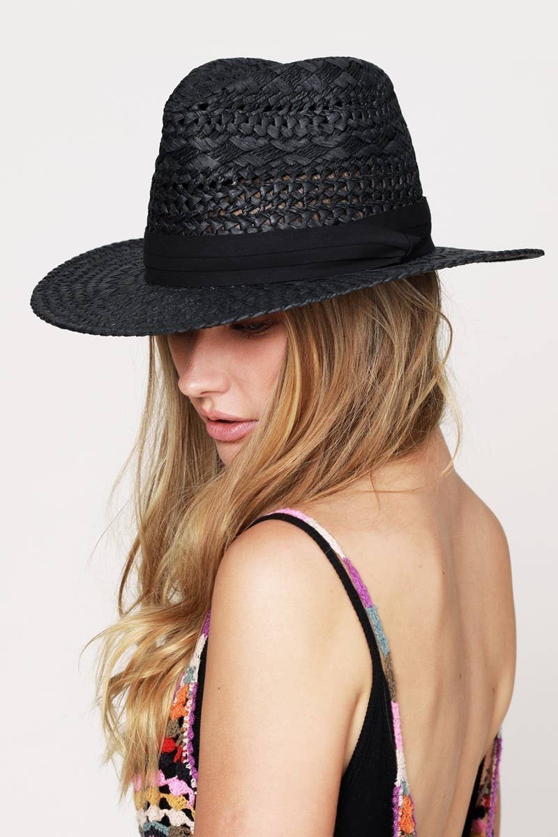 Boho Chic Summer Panama Hat: natural straw wide brim with black band and classic fedora shape