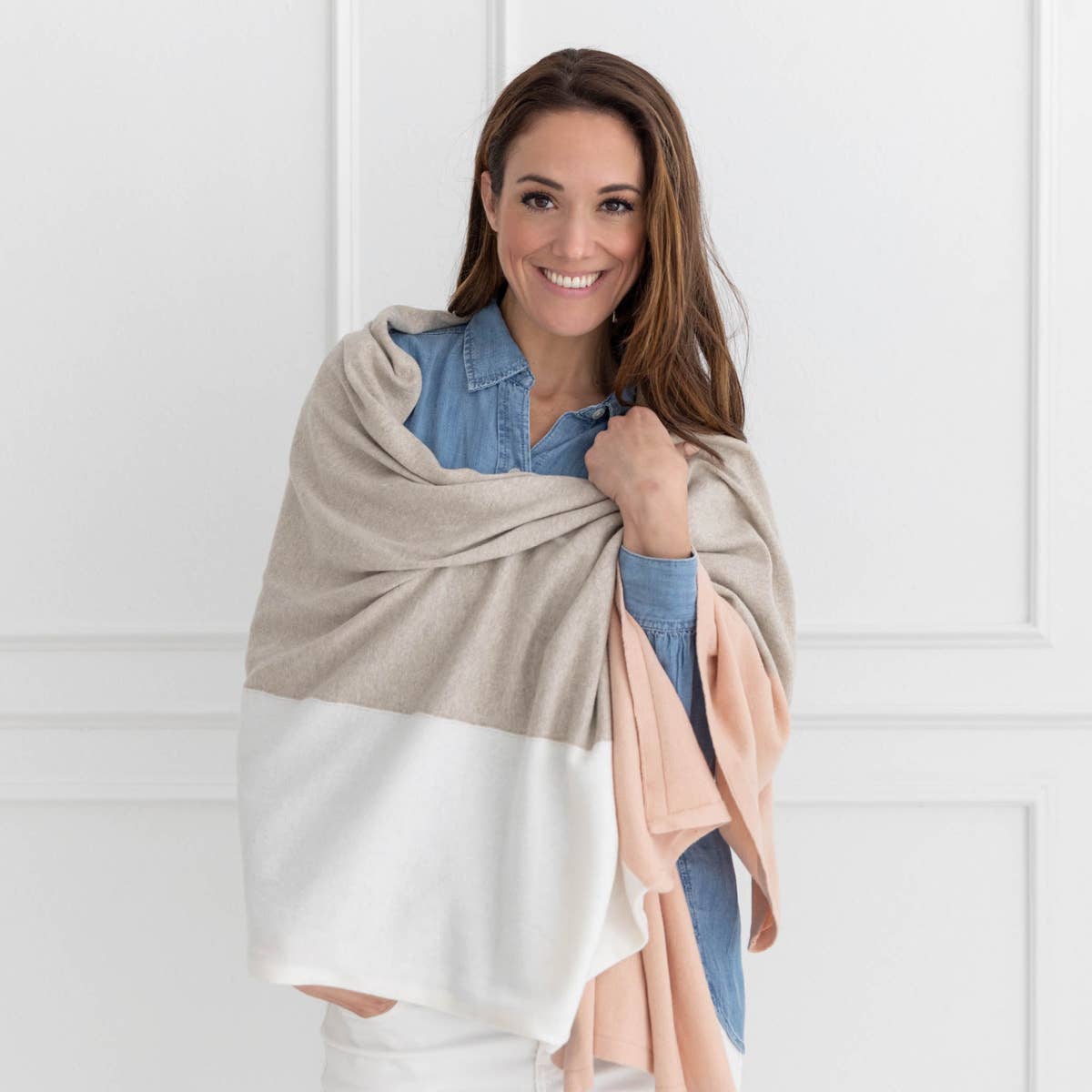 Dreamsoft Organic Cotton Travel Scarf - Blush Colorblock: rectangular shawl with soft blush, cream, and beige color blocks, draped edges