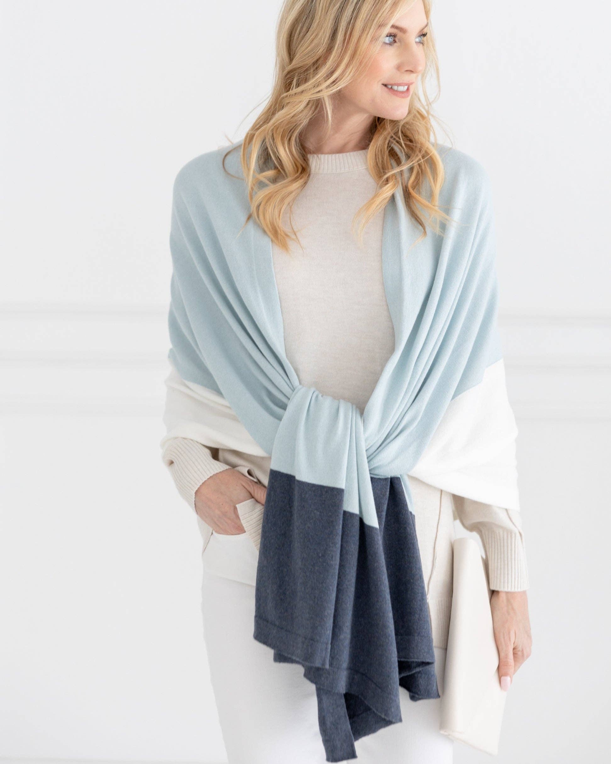The Dreamsoft Travel Scarf - Sky Blue Colorblock: rectangular shawl with soft blue and cream block pattern, draped fabric