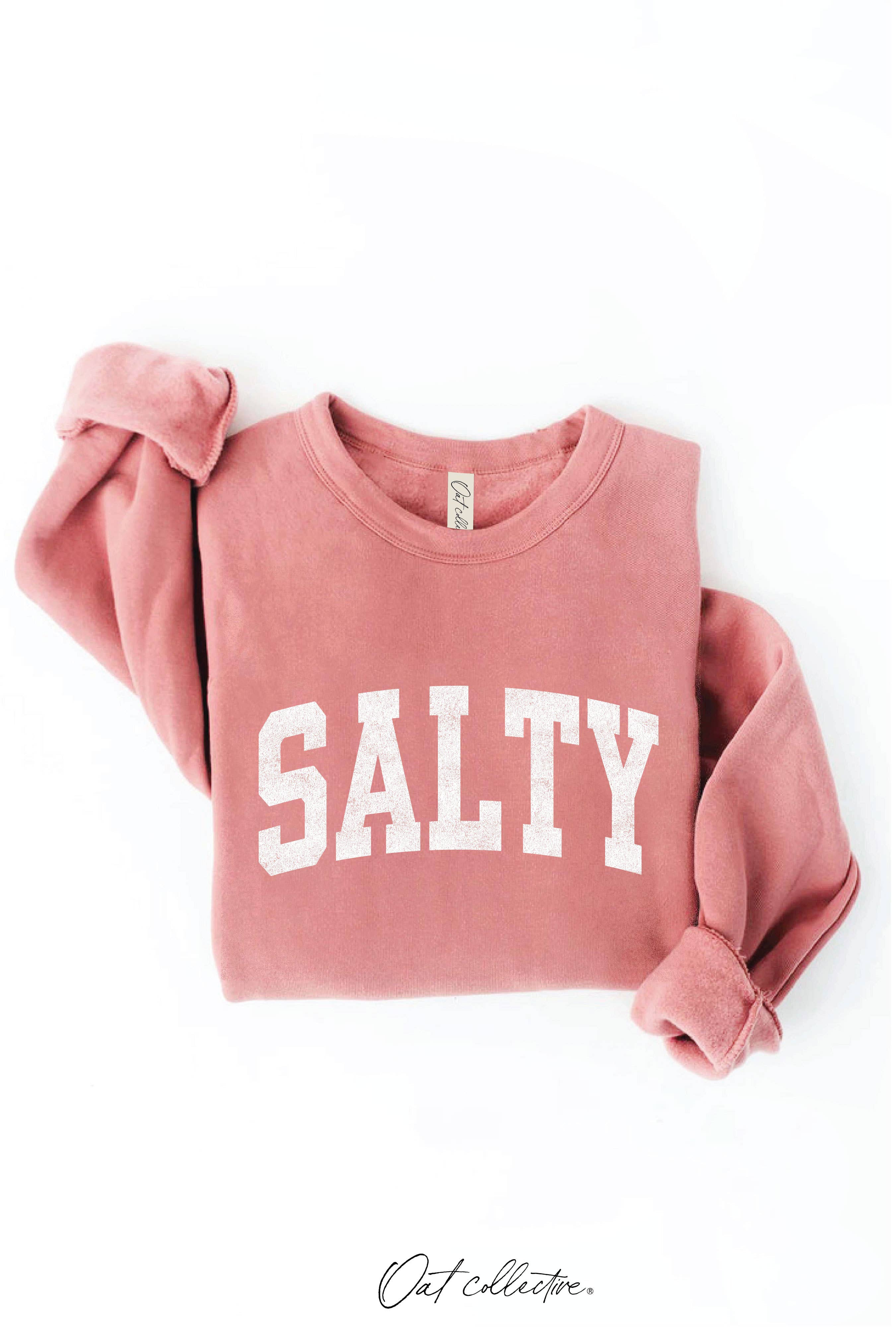 SALTY Graphic Sweatshirt: relaxed fit, cream color, crew neckline, long sleeves, ribbed cuffs and hem