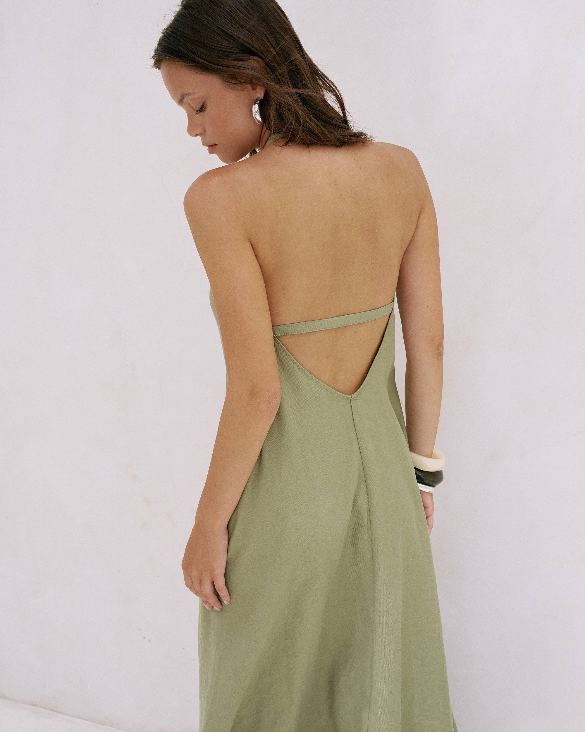 Zoe Maxi Dress - Khaki Green: sleeveless maxi dress with square neckline, fitted bodice, straight hem