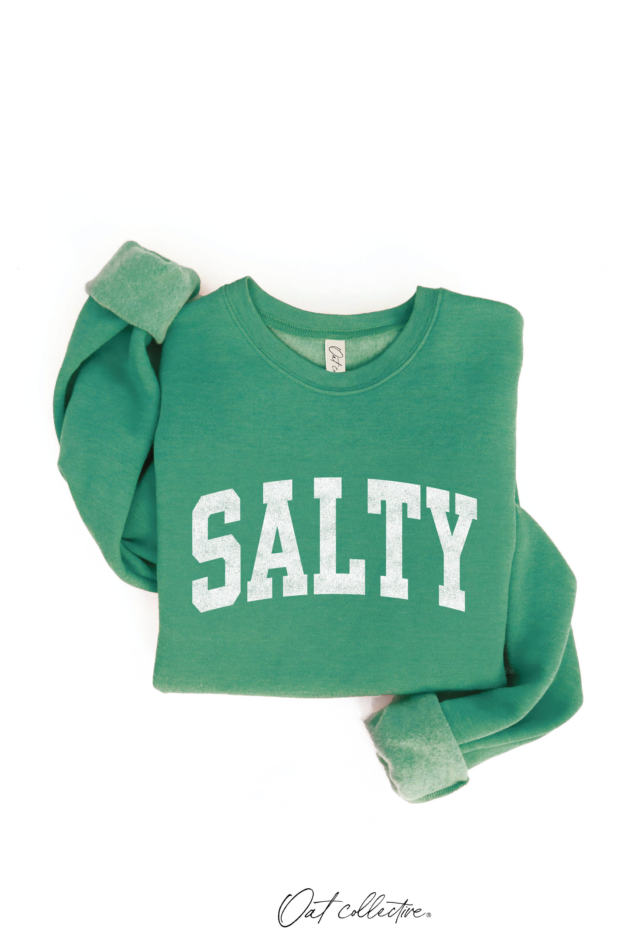 SALTY Graphic Sweatshirt: crew neck, long sleeves, relaxed fit, ribbed hem and cuffs, off-white color