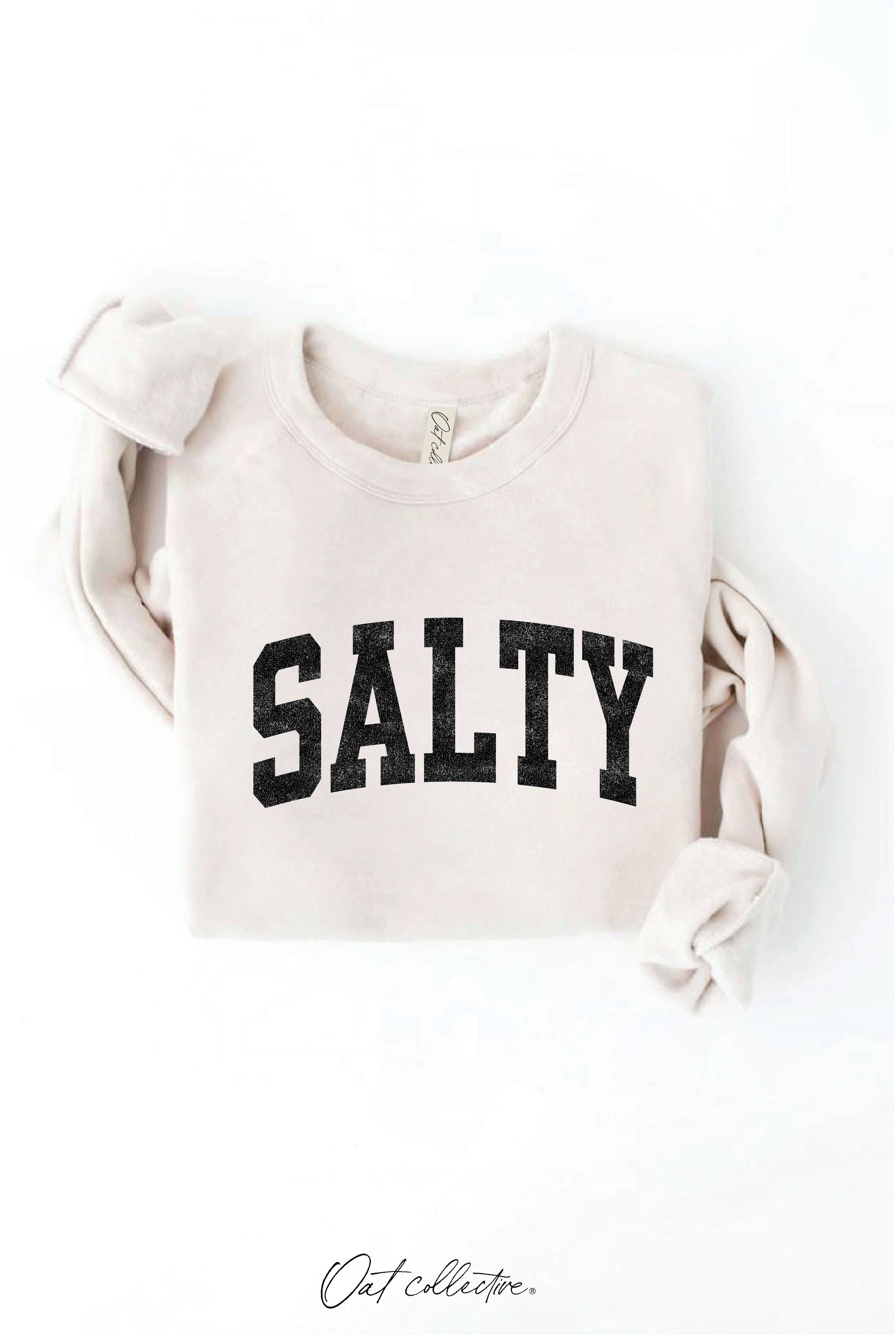 SALTY Graphic Sweatshirt: relaxed fit, long sleeves, crew neckline, ribbed cuffs and hem, beige color