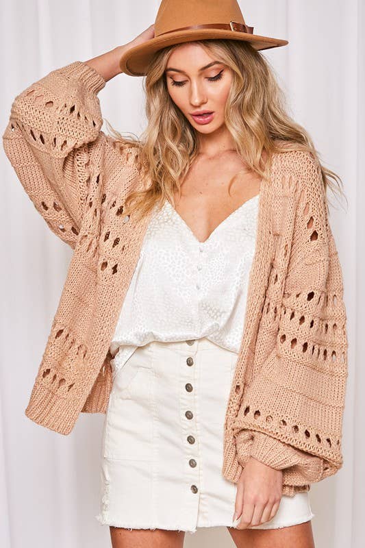 Crochet Balloon Sleeve Cardigan: black fitted crochet cardigan with V-neck, balloon sleeves, and cropped hem