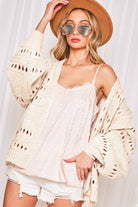 Crochet Balloon Sleeve Cardigan: cream, relaxed fit, cropped length, V-neckline, voluminous long sleeves, ribbed hem