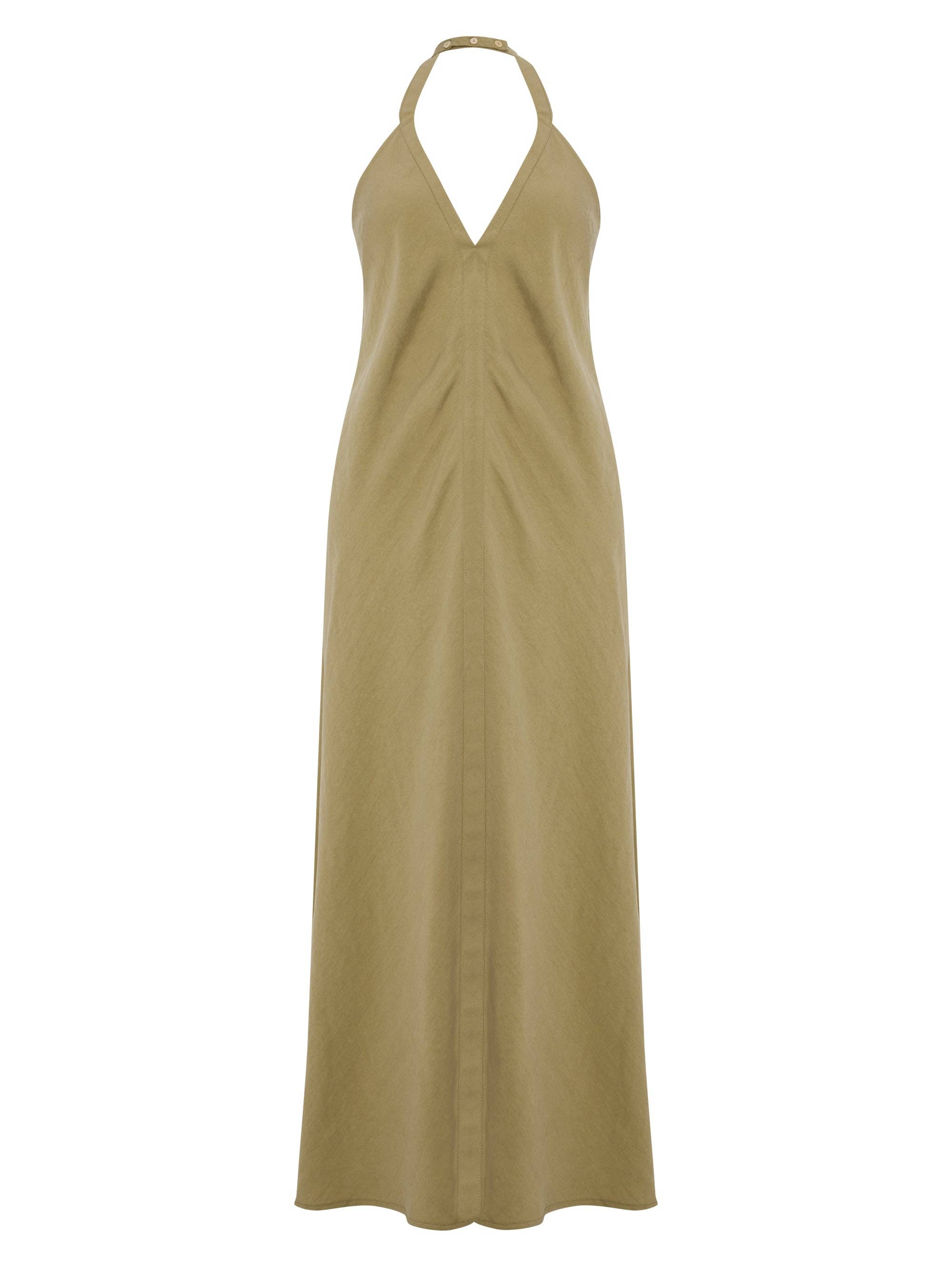 Zoe Maxi Dress - Khaki Green: sleeveless maxi dress with fitted bodice, square neckline, and flowing A-line skirt