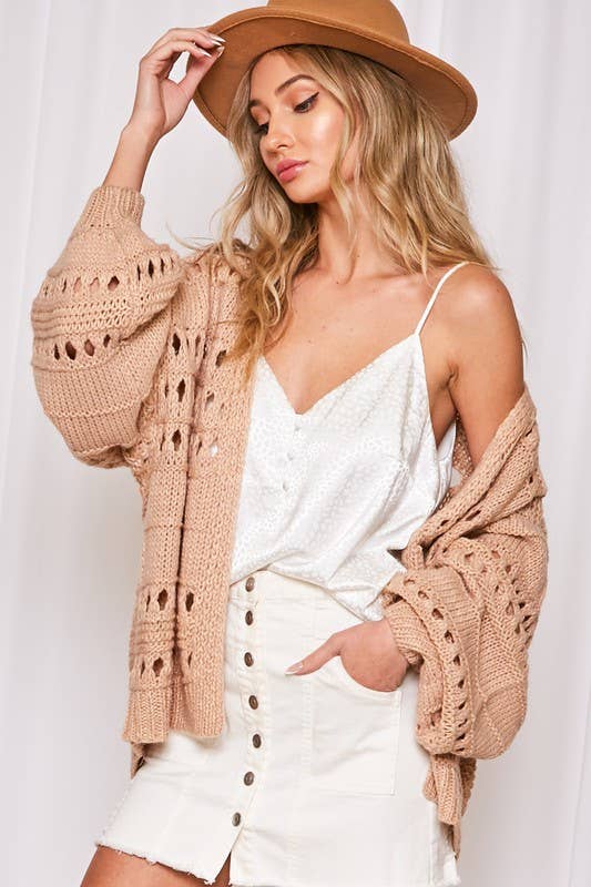 Crochet Balloon Sleeve Cardigan: cream, open-front, cropped fit, round neckline, voluminous long sleeves, ribbed hem