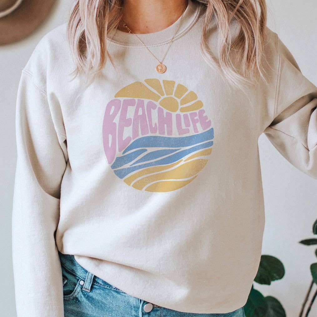 BEACH LIFE Sweatshirt: relaxed fit, light beige, crew neck, long sleeves, straight hem, soft fabric texture