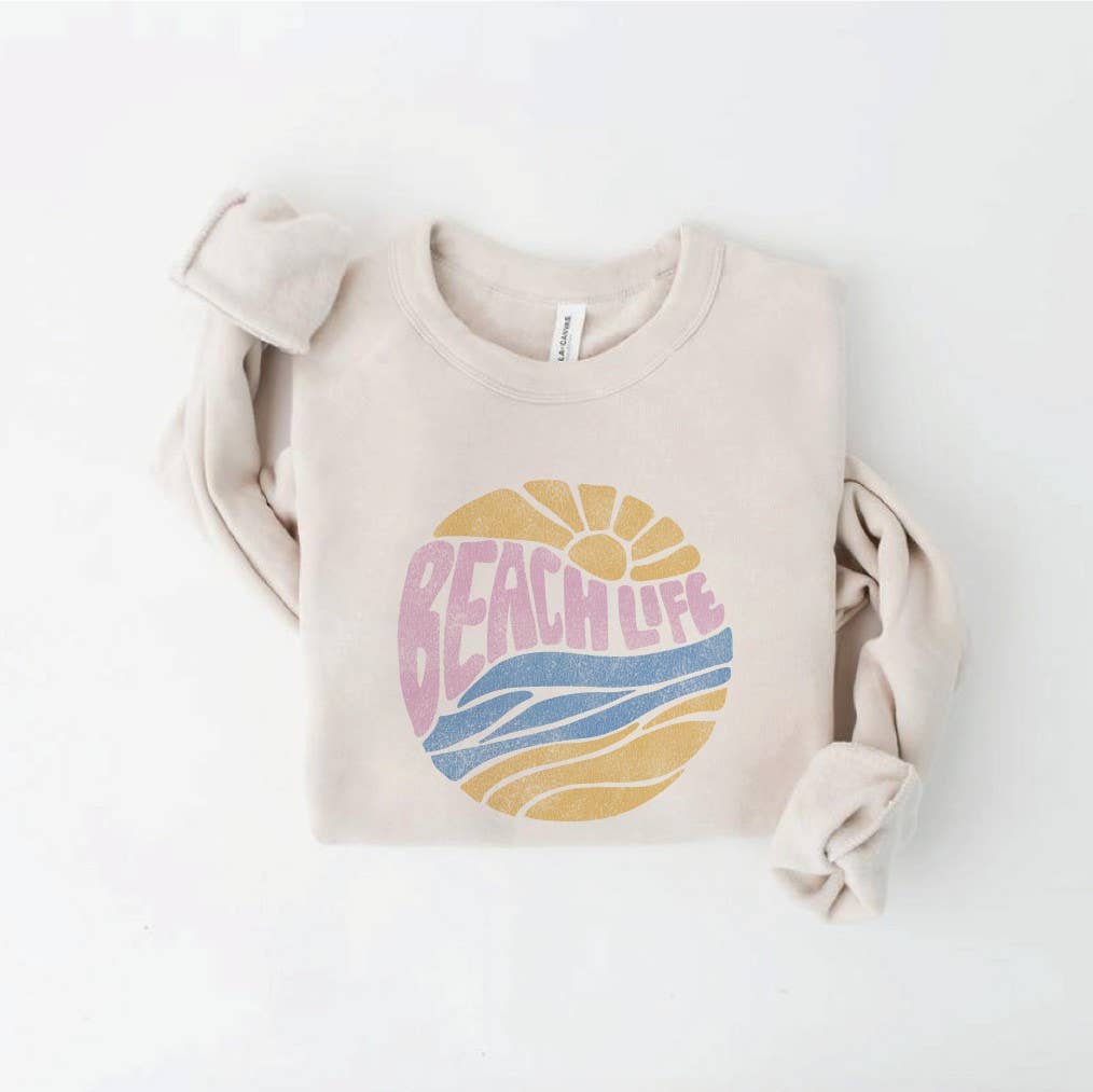 BEACH LIFE Sweatshirt: relaxed fit, long sleeves, crew neckline, ribbed hem and cuffs, ivory color