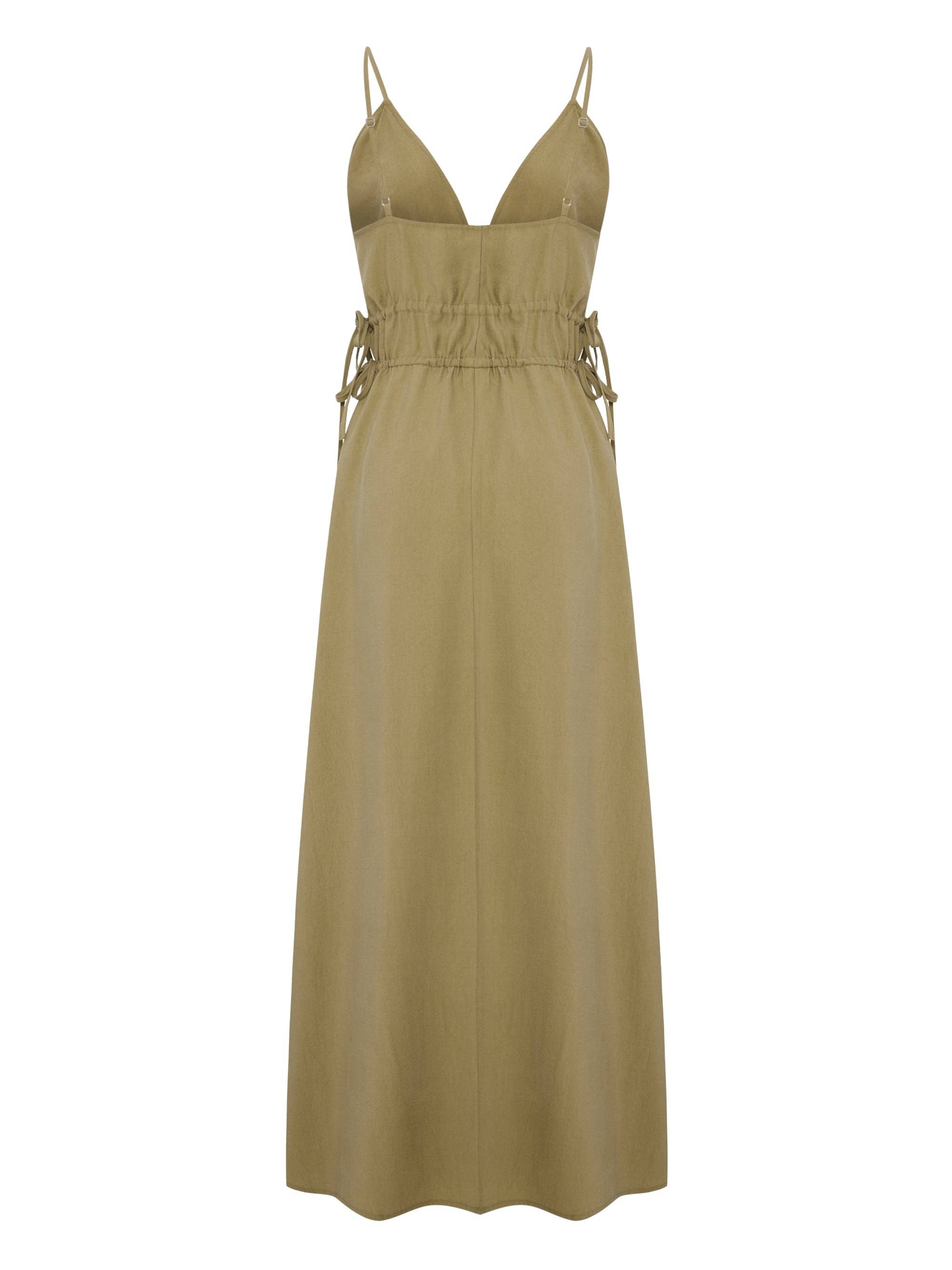 Sofia Ties Maxi Dress: sleeveless beige dress with V-neck, tie waist, and flowing ankle-length hem