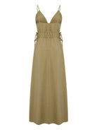 Sofia Ties Maxi Dress: sleeveless beige dress with V-neck, tie waist, and flowing ankle-length hem