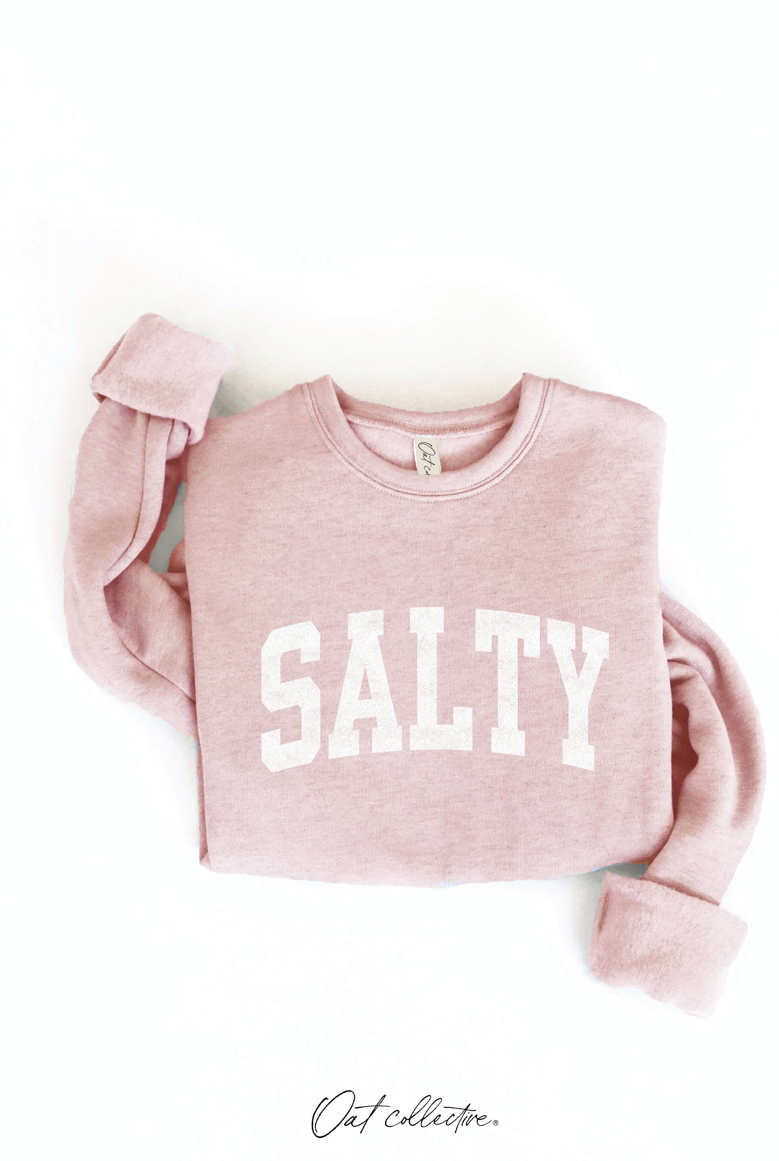 SALTY Graphic Sweatshirt: relaxed fit, cream color, crew neckline, long sleeves, ribbed hem and cuffs