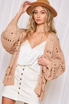 Crochet Balloon Sleeve Cardigan: cream, relaxed fit, open front, round neckline, long puffed sleeves, ribbed hem