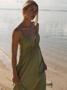 Sofia Ties Maxi Dress: sleeveless beige dress with fitted bodice, square neckline, and full-length skirt