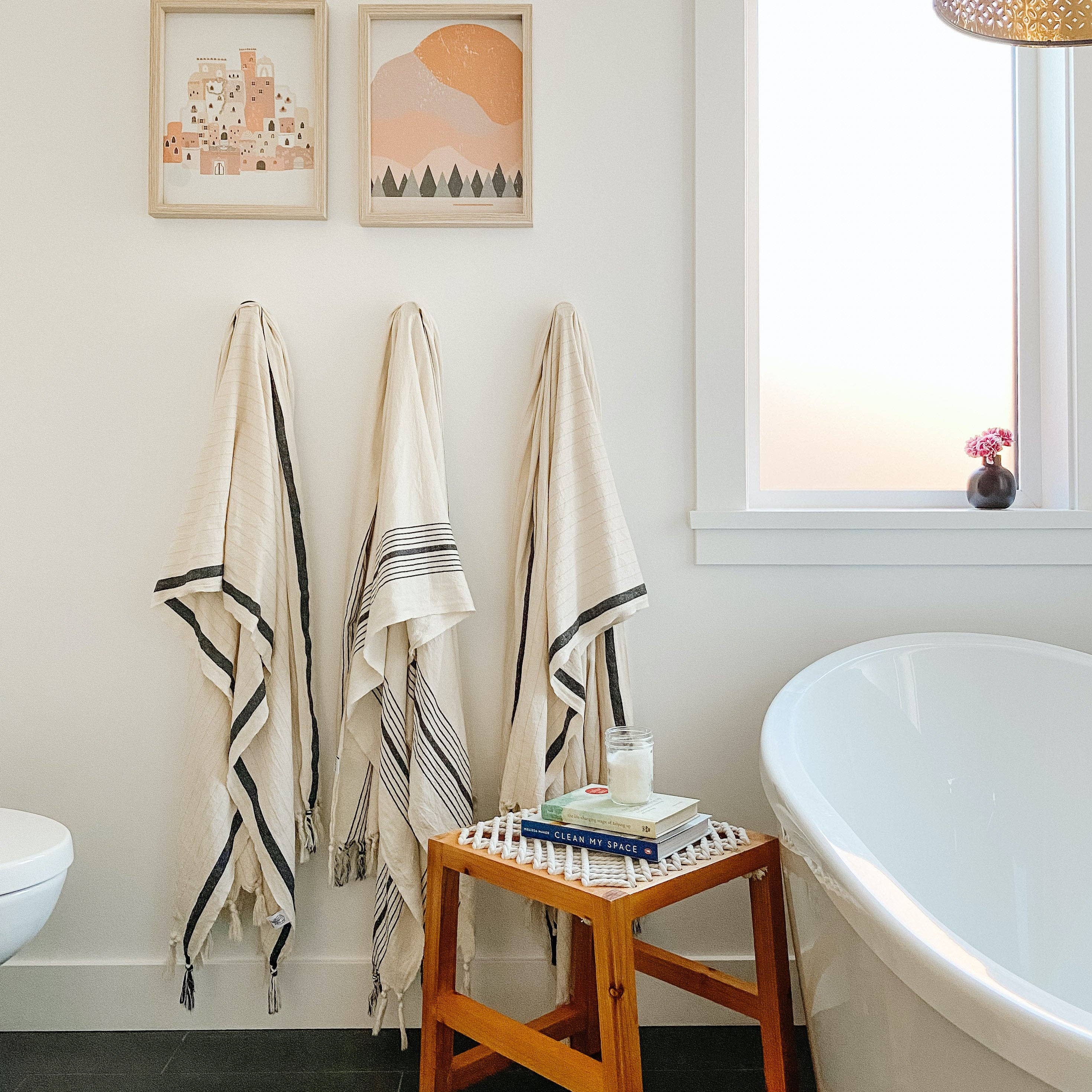 Zebrine 100% Cotton Turkish Hand and Bath Towel: rectangular towel with ivory and dark gray zebra stripes, fringed edges