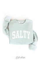 SALTY Graphic Sweatshirt: relaxed fit, long sleeves, crewneck, cropped length, beige color, ribbed cuffs and hem
