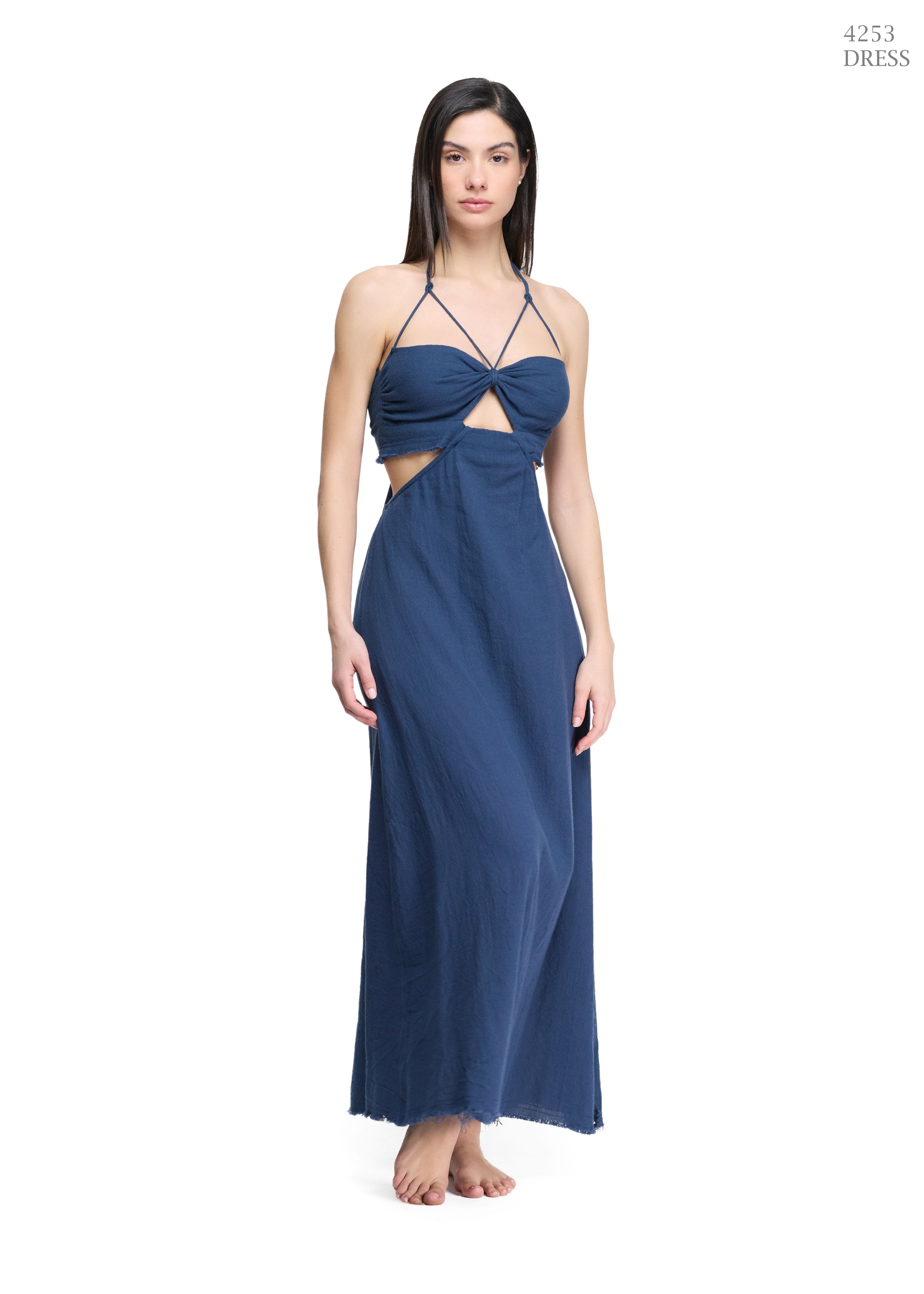 Flowy midnight navy woven cotton maxi with gathered chest knot, thin halter cords, side cutouts, and raw-fringed hem. Front v