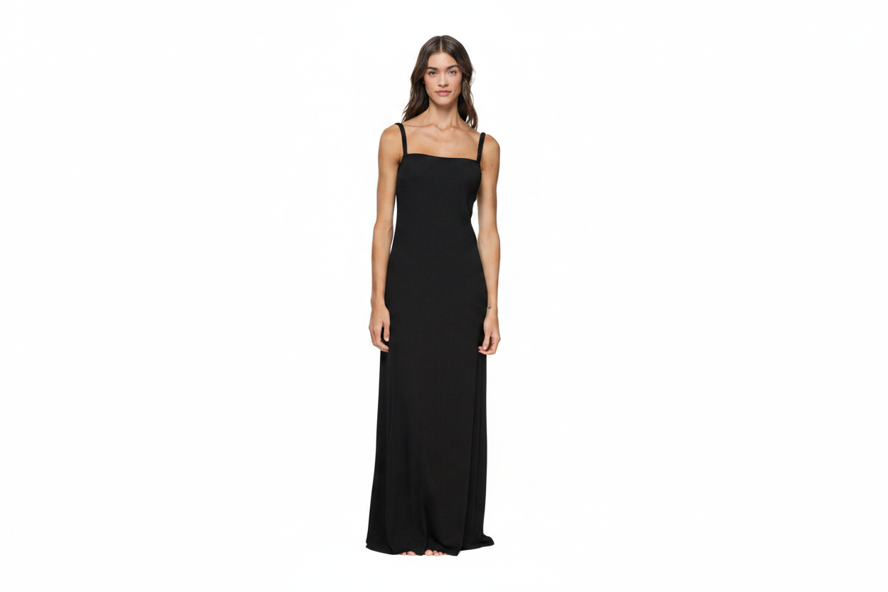 A woman modeling a long, sleeveless olive green maxi dress with thin shoulder straps against a plain white background. The text '4273 DRESS' is visible in the top right corner.