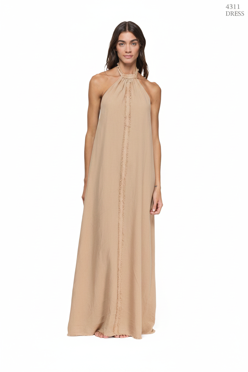 Woman wearing a long brown dress on a white background