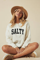 SALTY Graphic Sweatshirt: relaxed fit, long sleeves, crew neckline, black with white graphic print, straight hem