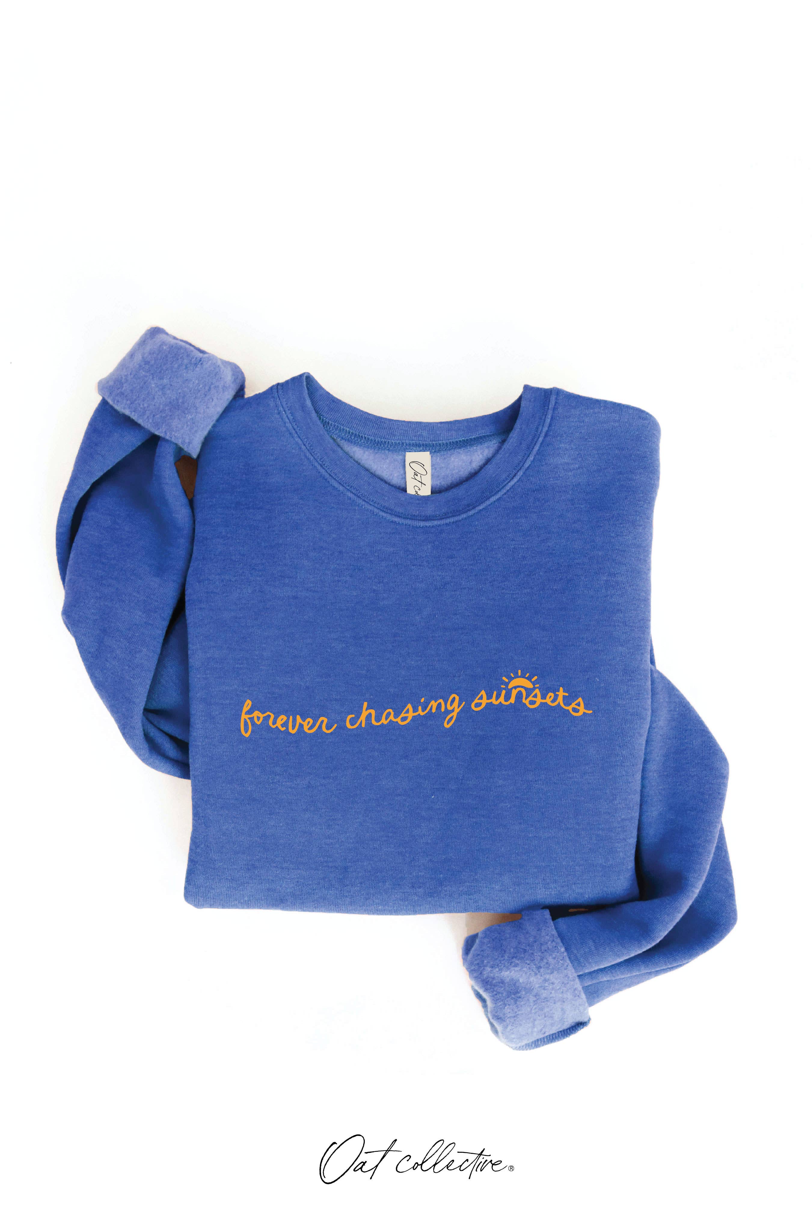 FOREVER CHASING SUNSETS Graphic Sweatshirt: black, relaxed fit, crew neck, long sleeves, straight hem