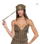 Olive frayed-cotton corset top with deep V neckline, lace-up front tie, and raw-edge fringe trim on model with matching hat.