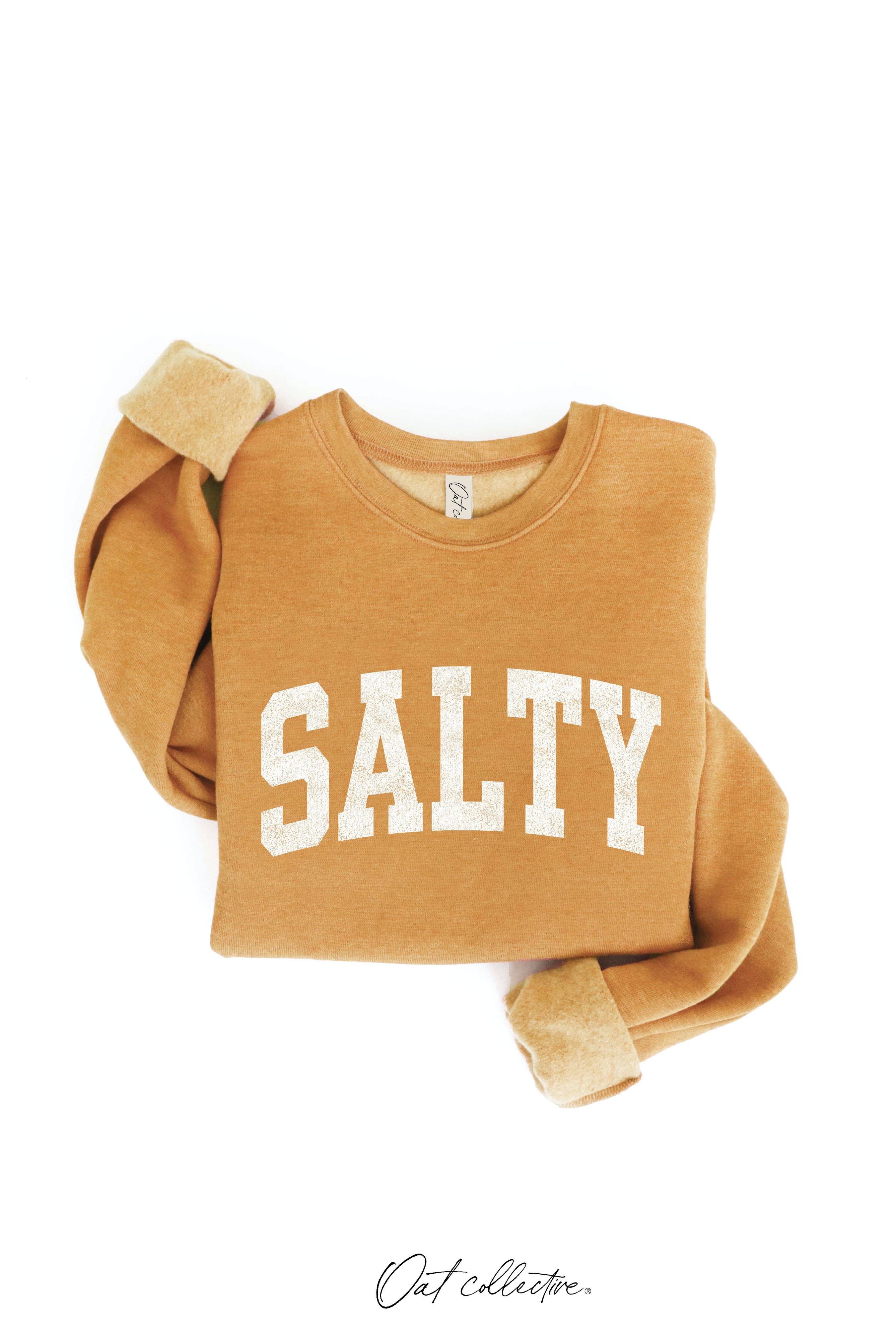 SALTY Graphic Sweatshirt: oversized fit, cream color, crew neckline, long sleeves, ribbed cuffs and hem