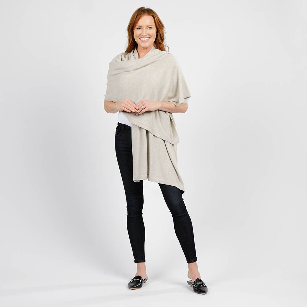 Dreamsoft Organic Cotton Travel Scarf - Birch: rectangular birch-toned shawl with soft texture and fringed edges