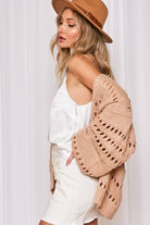 Crochet Balloon Sleeve Cardigan: beige, open-front, cropped fit with rounded neckline and voluminous long sleeves