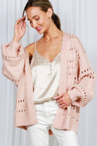 Crochet Balloon Sleeve Cardigan: cream color, fitted waist, round neckline, long voluminous sleeves, cropped length