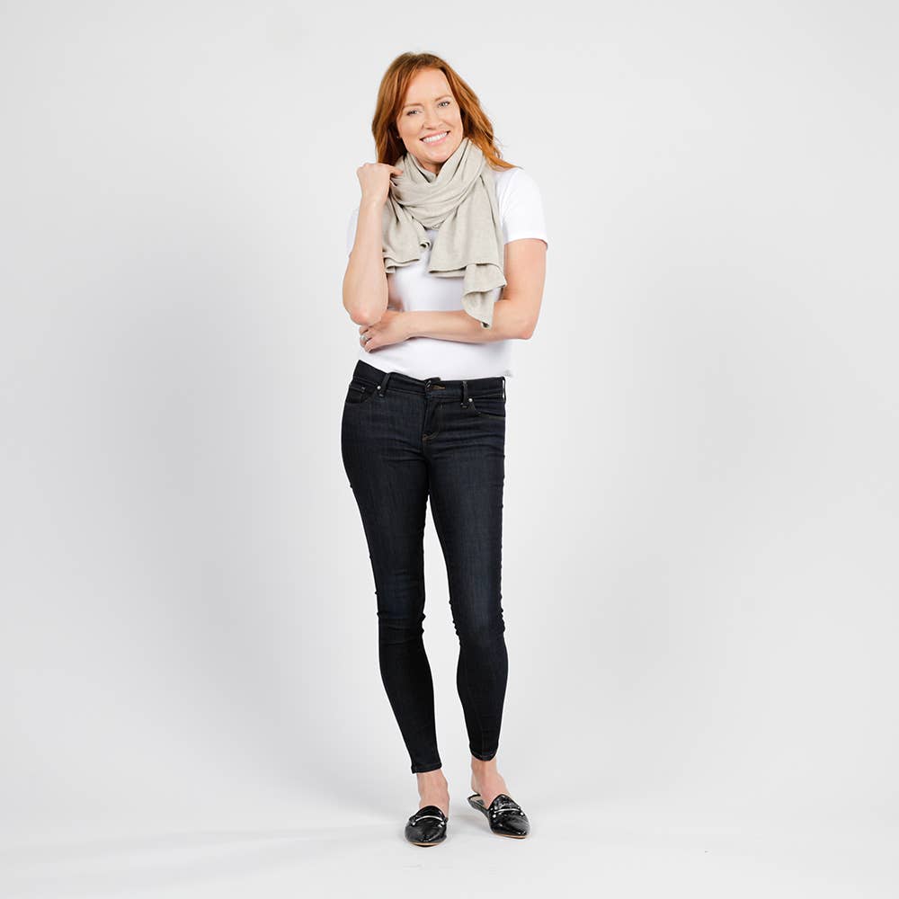 Dreamsoft Organic Cotton Travel Scarf - Birch: rectangular birch-colored shawl with fringed edges and soft drape